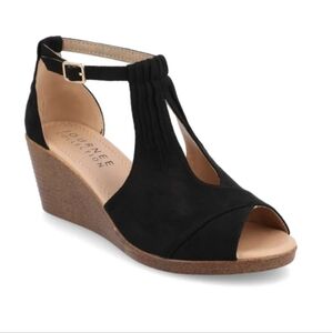 NIB Journee Collection Kedzie Wedges Black Women's Size 7 Peep toe Ankle Strap